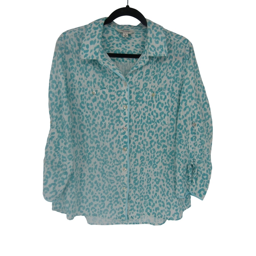 Animal Print Button Down Shirt Large Teal Leopard Breathable Boho Beachy Casual